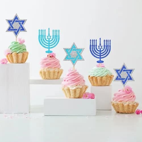ZHUOWEISM Hanukkah Cupcake Toppers Glitter Star of David 24 pcs | Festive Cake Decorations thumbnail 4