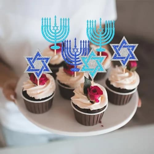 ZHUOWEISM Hanukkah Cupcake Toppers Glitter Star of David 24 pcs | Festive Cake Decorations thumbnail 5