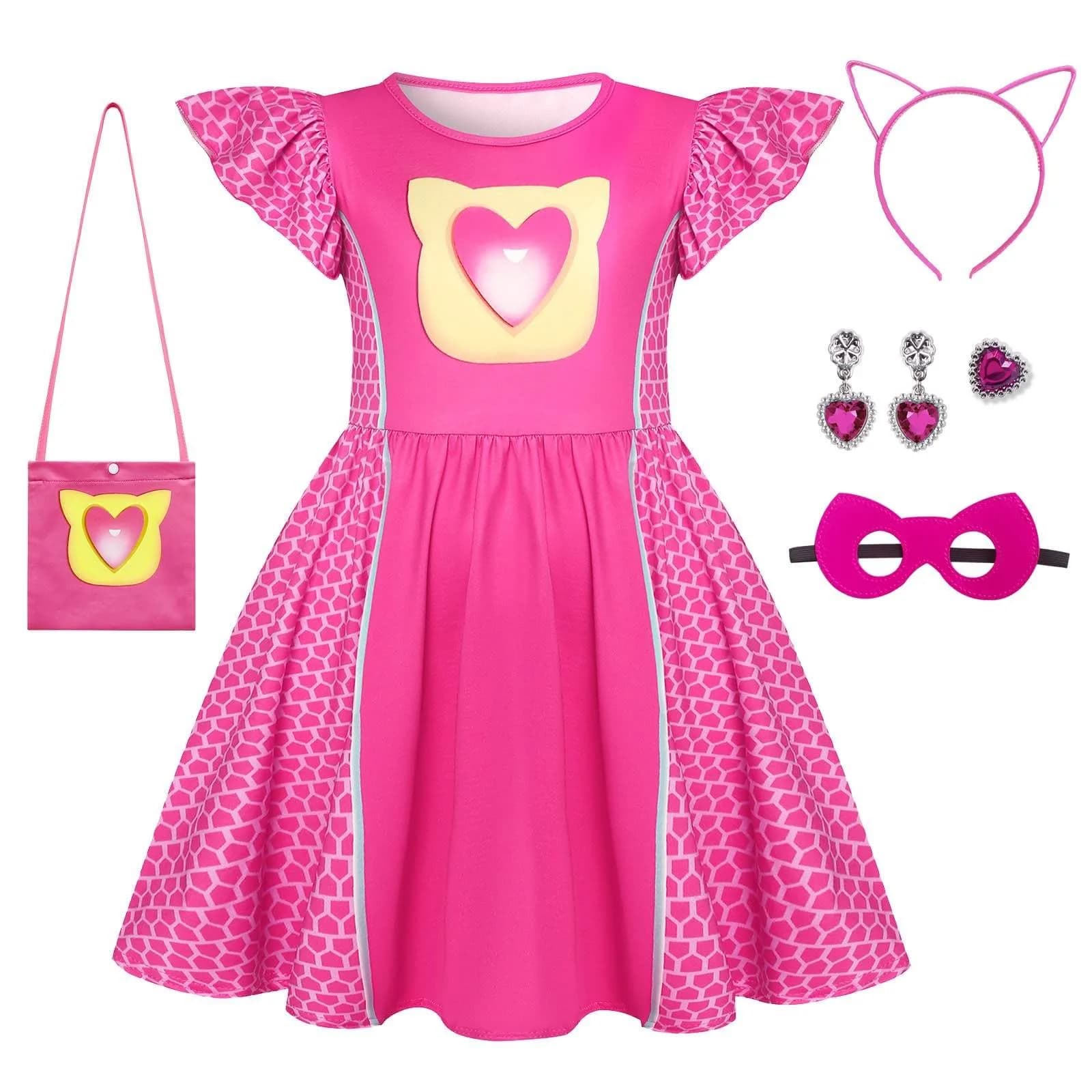 SHELOVESIT Girls Superhero Cosplay Costume Kitties Dress 120cm (4T-5T) | Movie Character Cat Dress Up Outfit — Red