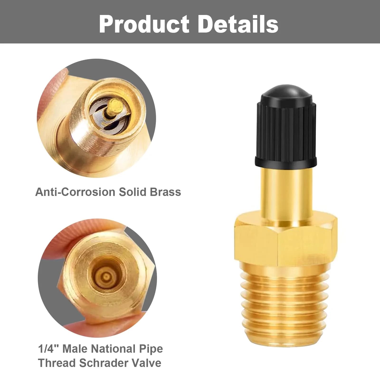 GODESON 1/4" NPT Brass Tank Valve Schrader Valve with Male NPT, Pack of 2 | Anti-Corrosion Air Compressor Tank Valve - view 2