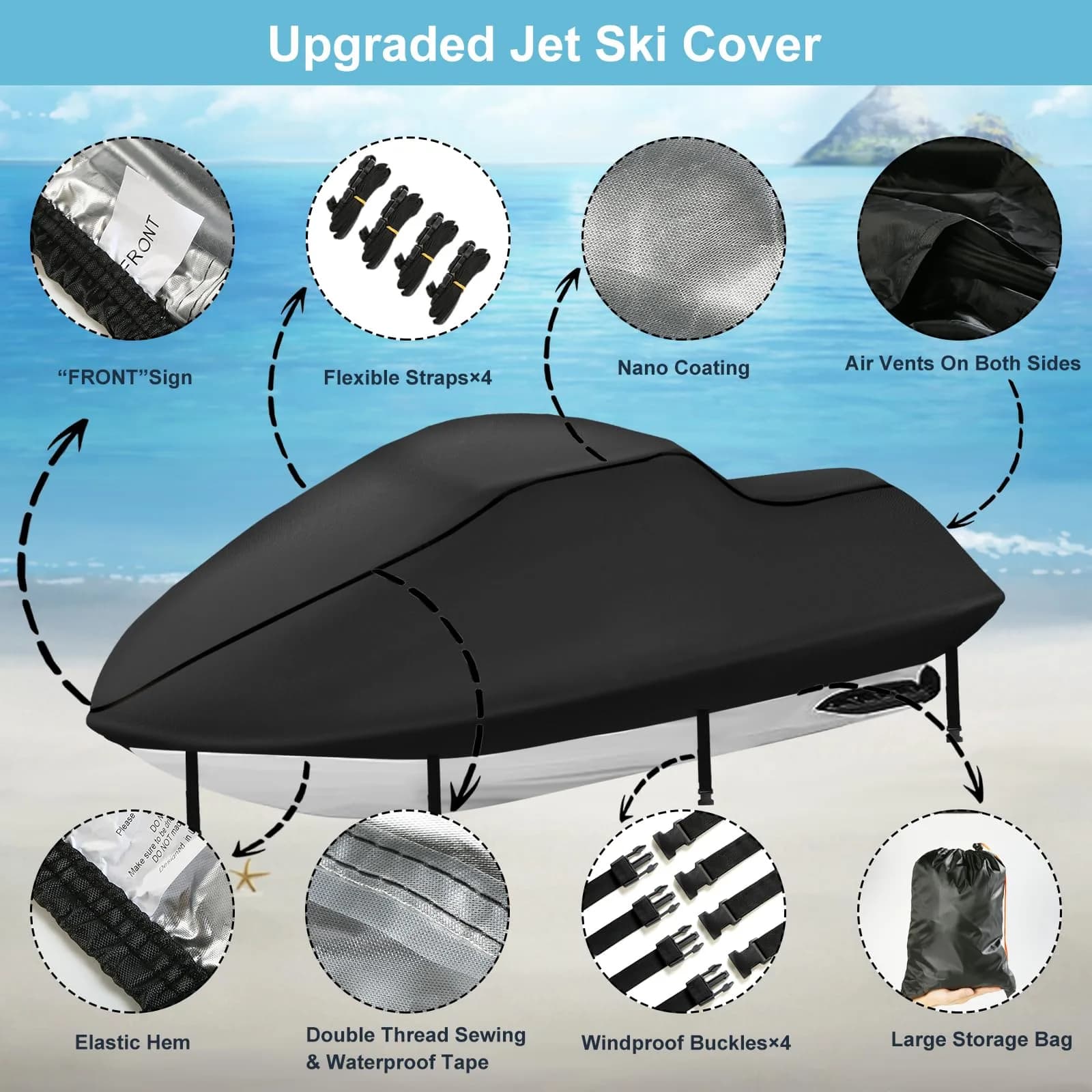 SRIMMIT Jet Ski Cover 3 Seater 115-120 Inch Black | 12000mm Waterproof PWC Protection - view 4