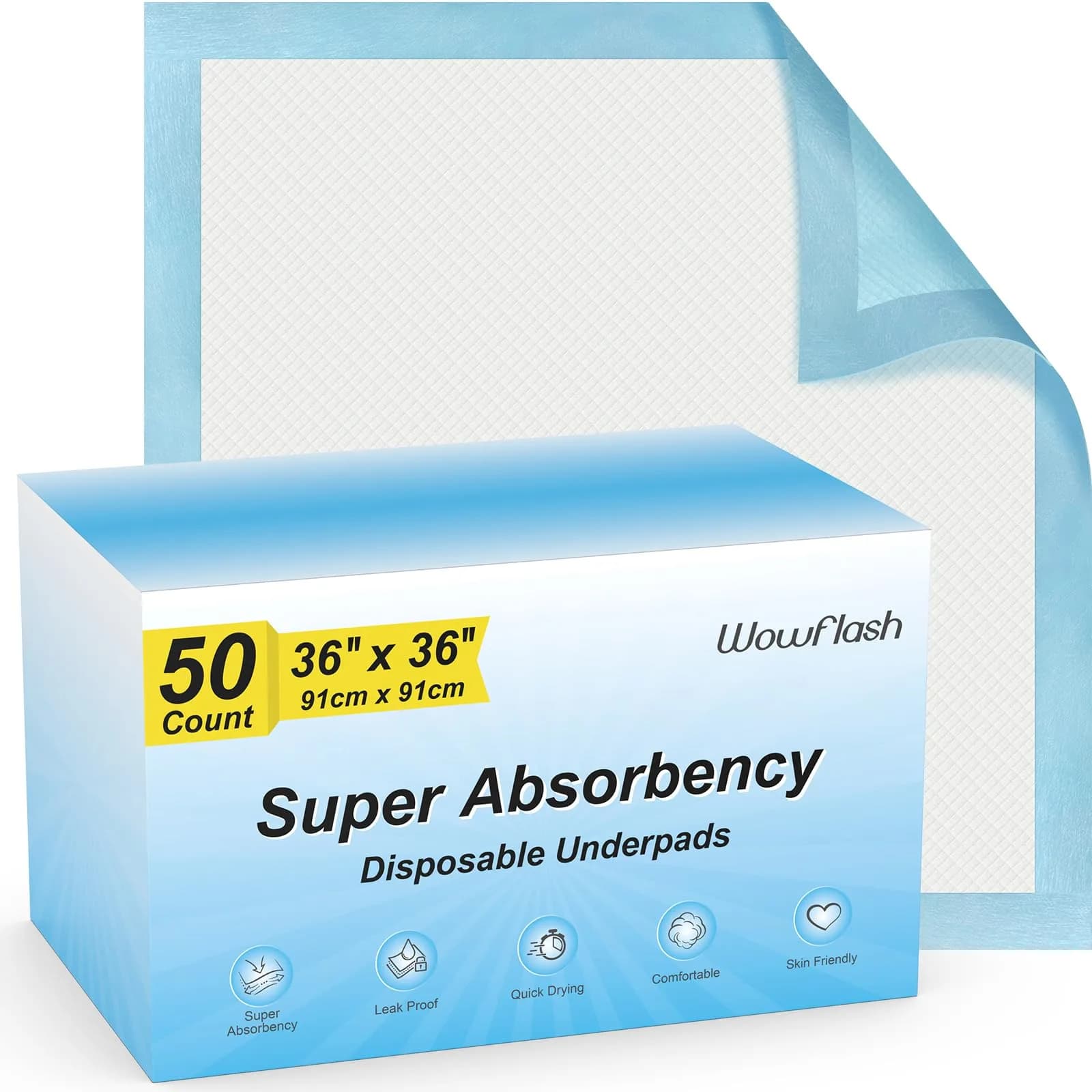 Wowflash Super Absorbency Disposable Underpads 91cm x 91cm (50 Count) | 5-Layer Protection for Adults, Babies, and Pets - main product image