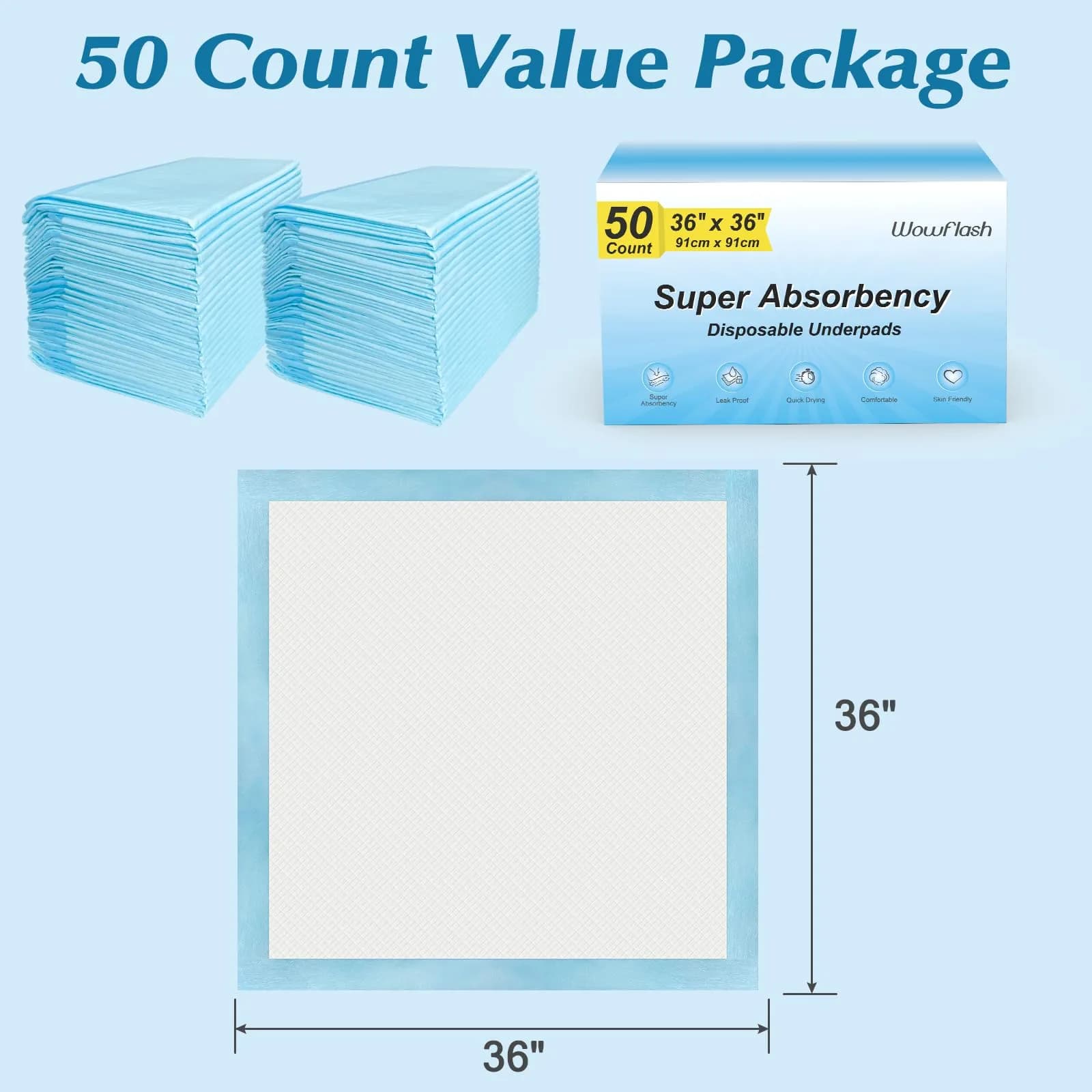 Wowflash Super Absorbency Disposable Underpads 91cm x 91cm (50 Count) | 5-Layer Protection for Adults, Babies, and Pets - view 7