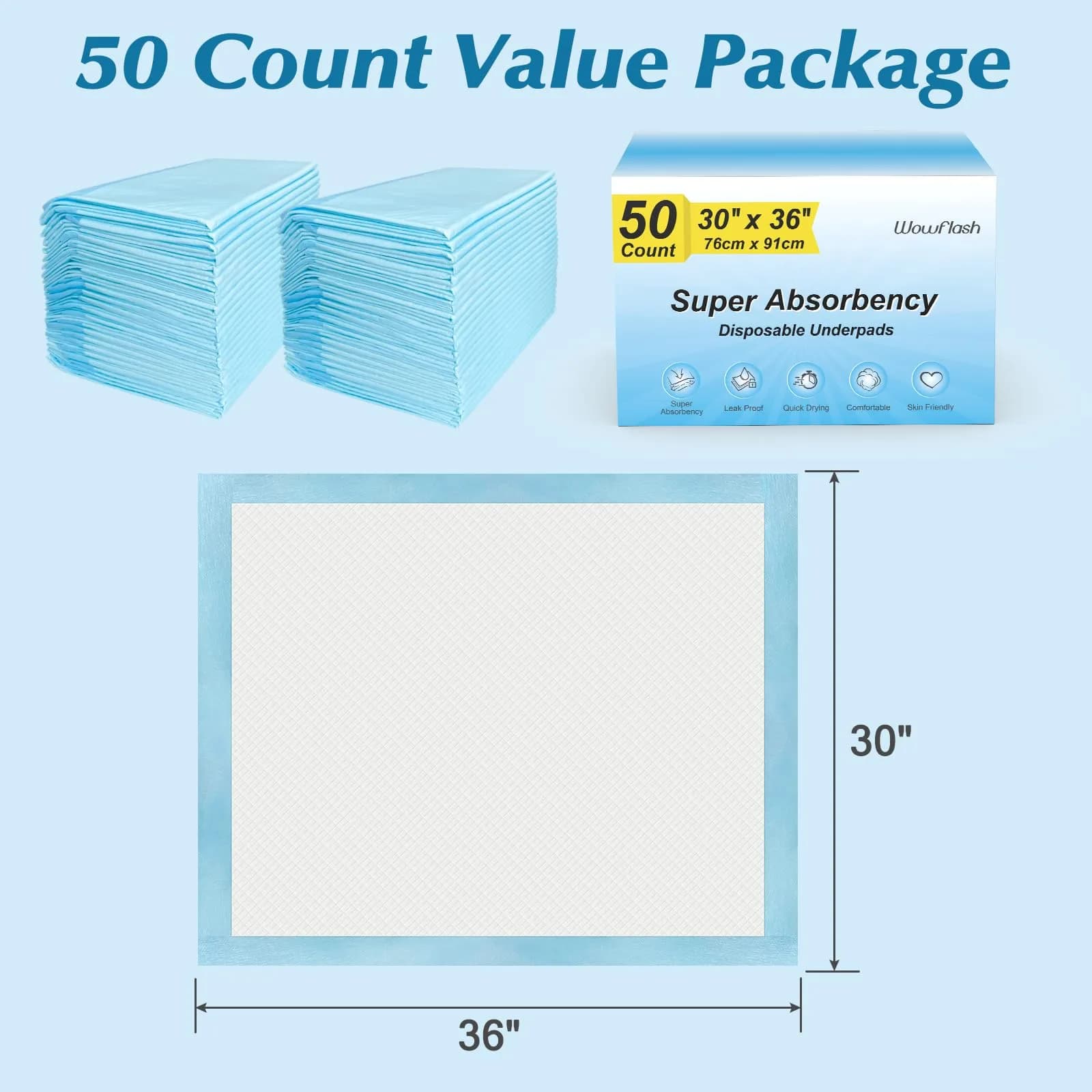Wowflash Super Absorbency Disposable Underpads 76cm x 91cm (30" x 36") | 5-Layer Leakproof Protection - view 7