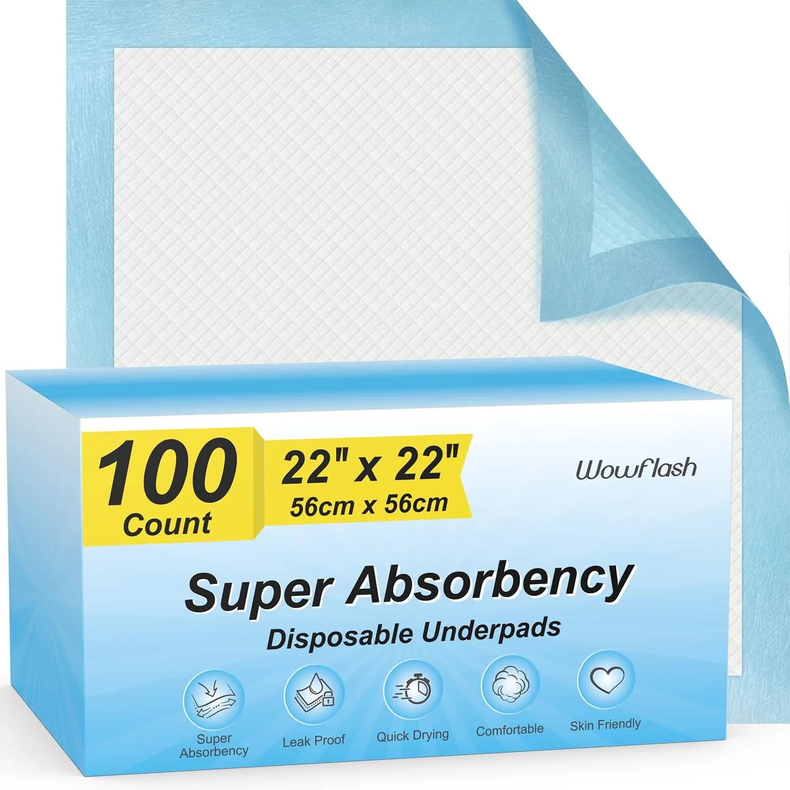 Wowflash Super Absorbency Disposable Underpads 22" x 22" (100 Count) | 5-Layer Protection for Adults, Babies & Pets - main product image