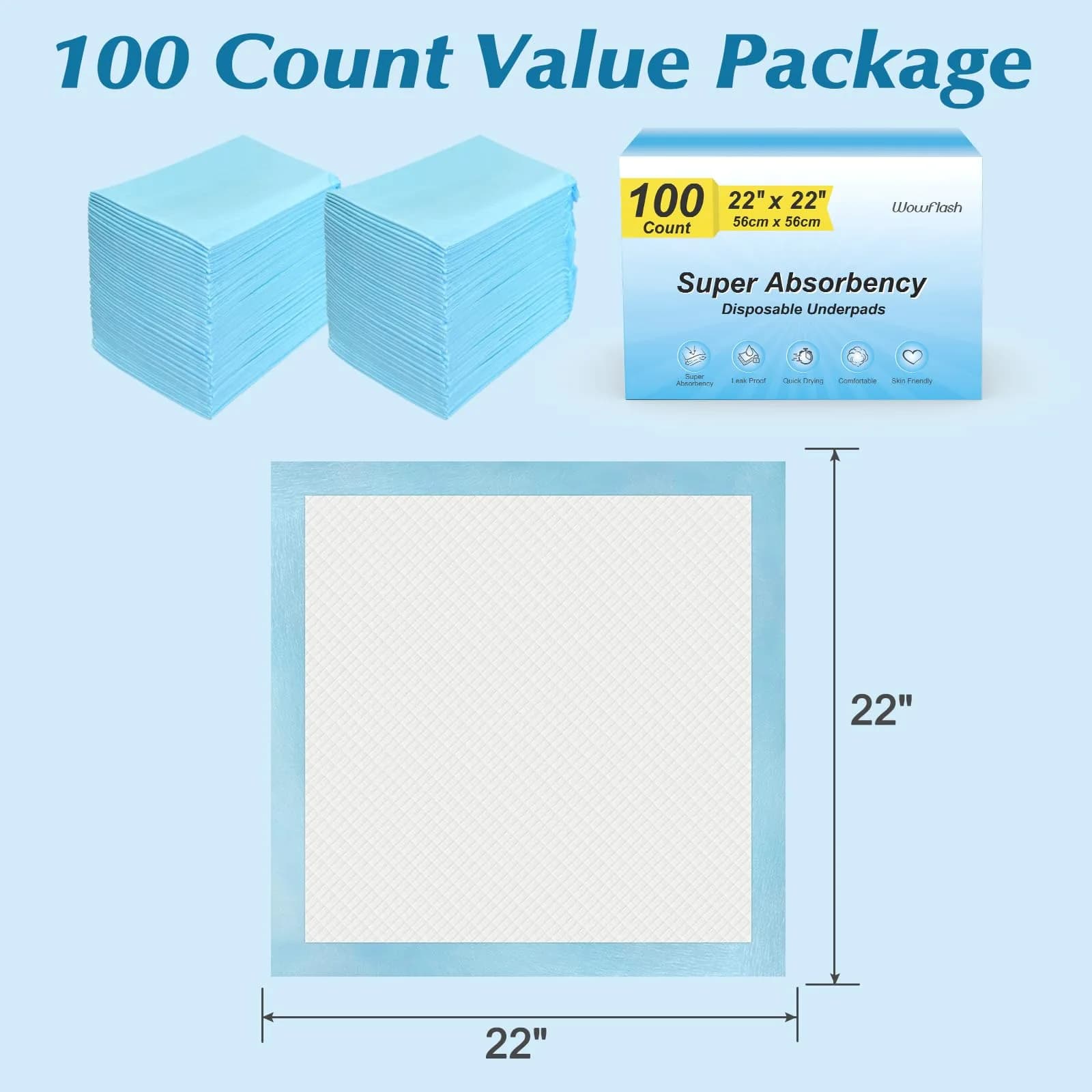 Wowflash Super Absorbency Disposable Underpads 22" x 22" (100 Count) | 5-Layer Protection for Adults, Babies & Pets - view 7