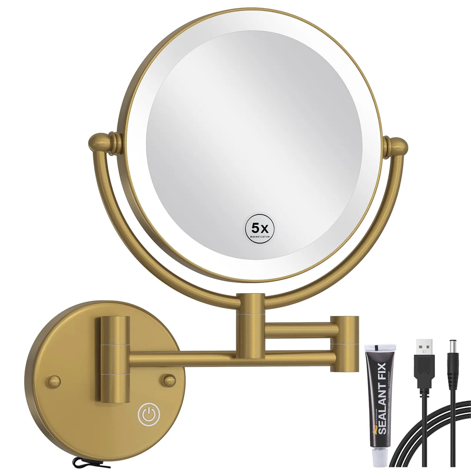 RECKODOR Wall Mounted Lighted Makeup Mirror with Magnification 5X | Rechargeable Brass Frame, Touch Dimming
