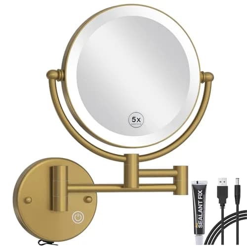 RECKODOR Wall Mounted Lighted Makeup Mirror with Magnification 5X | Rechargeable Brass Frame, Touch Dimming thumbnail 1