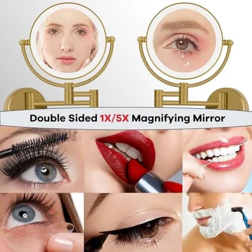 RECKODOR Wall Mounted Lighted Makeup Mirror with Magnification 5X | Rechargeable Brass Frame, Touch Dimming thumbnail 3