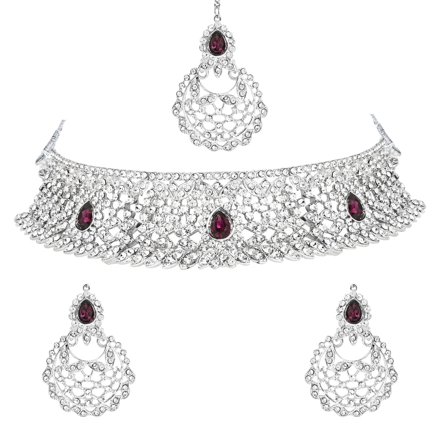I Jewels Silver Plated Indian Wedding Bollywood Design Stone Work Choker Necklace Jewellery Set With Chandbali Earring & Maang Tikka For Women/Girls (M4170ZWi) | Traditional Bridal Jewelry - main product image