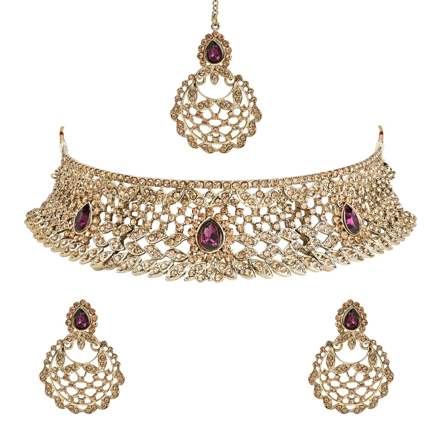 I Jewels Gold Wine Choker Necklace Jewellery Set With Chandbali Earring & Maang Tikka For Women | 3-Piece Set — Gold Wine