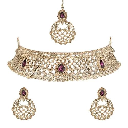 I Jewels Gold Wine Choker Necklace Jewellery Set With Chandbali Earring & Maang Tikka For Women | 3-Piece Set thumbnail 1