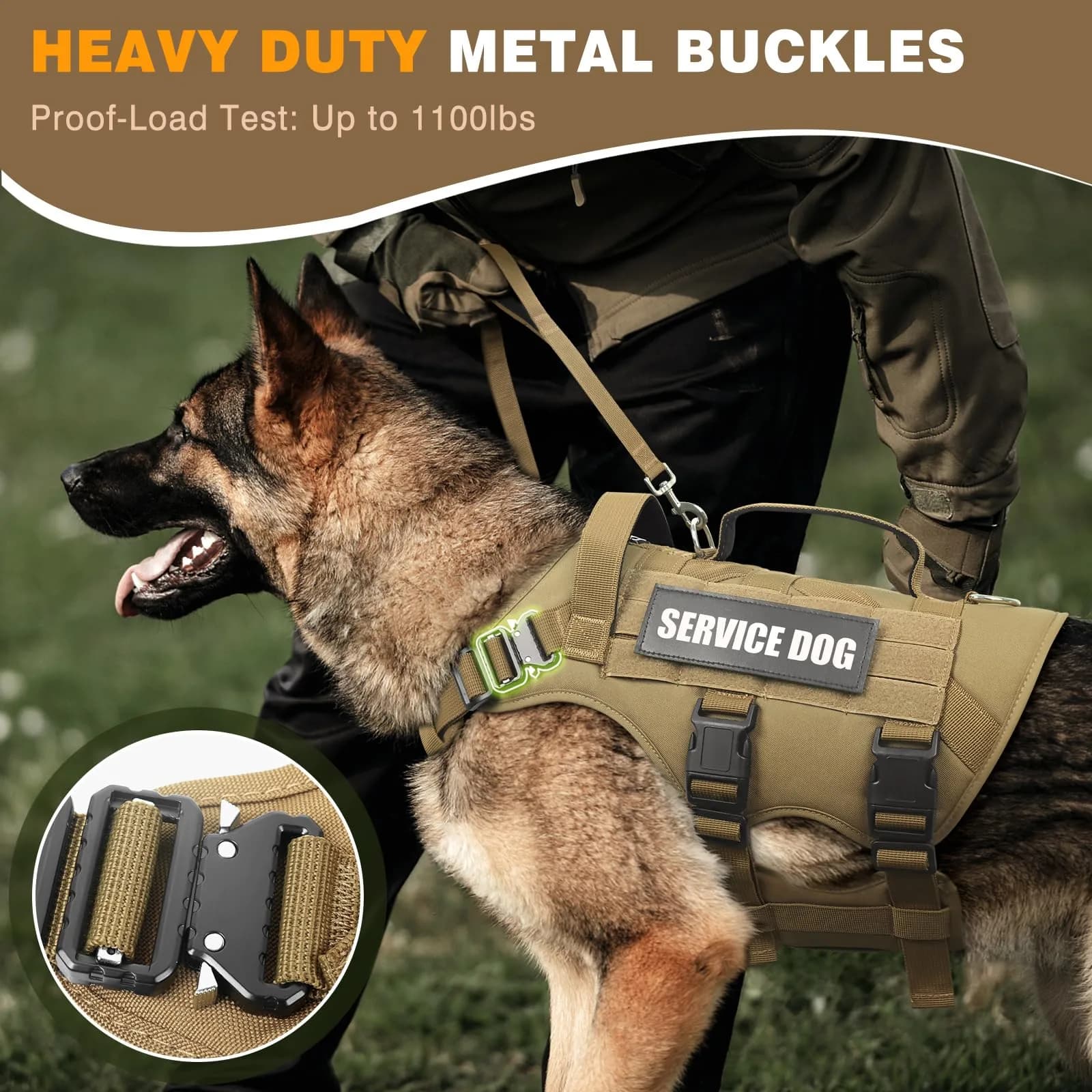 WINSEE Tactical Service Dog Vest Harness for Large Dogs | Heavy Duty MOLLE Vest with 10 Patches, No-Pull Training Walking Harness - view 2