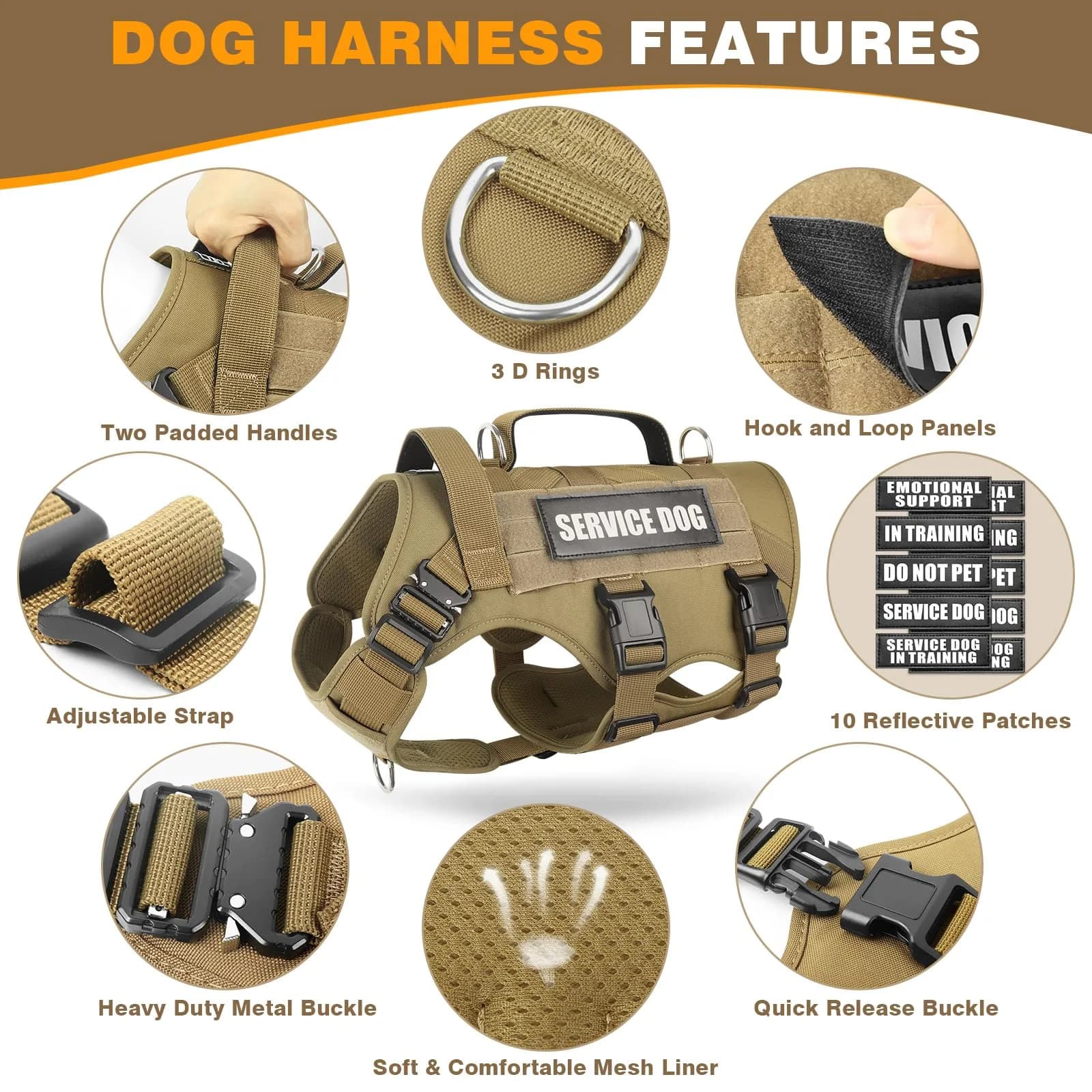 WINSEE Tactical Service Dog Vest Harness for Large Dogs | Heavy Duty MOLLE Vest with 10 Patches, No-Pull Training Walking Harness - view 3