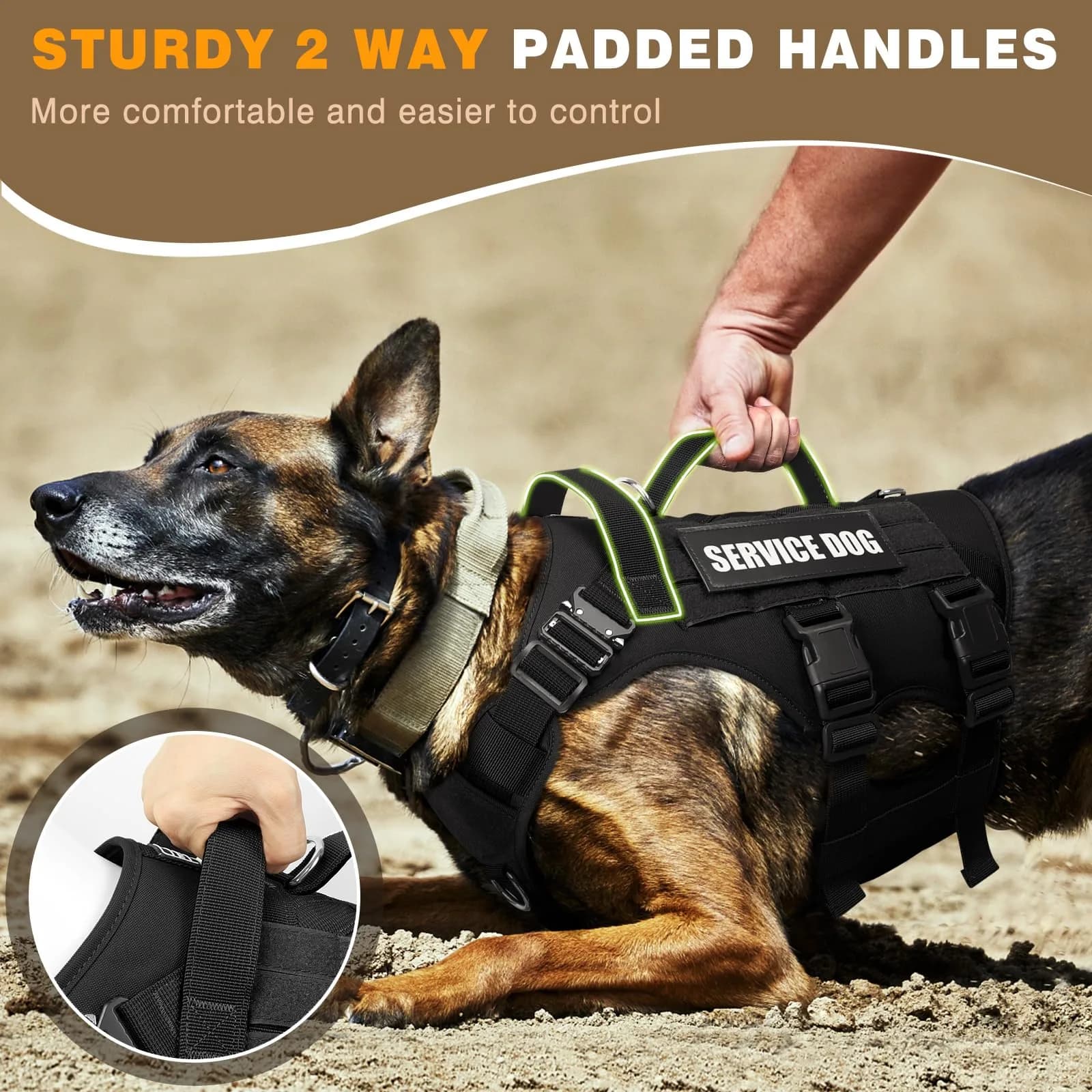 WINSEE Tactical Service Dog Vest Harness for Large Dogs | Heavy Duty MOLLE Vest with 10 Patches, No-Pull Front Clip, 24-39 inch Chest - view 6