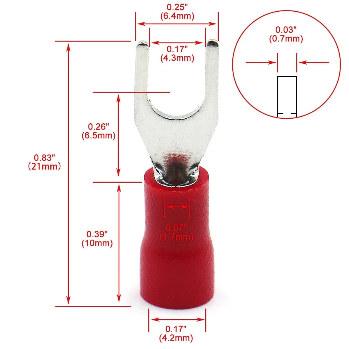 Baomain Red Fork Spade Insulated Terminal Connectors | 22-16 AWG (0.5-1.5mm²) & #8 Stud (4.3mm) | 1000-Pack - view 2