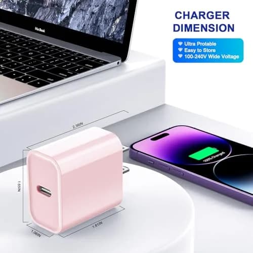 DelTucci 3Pack Pink USB C Charge Block | 20W PD Fast Charger for iPhone & Android thumbnail 5