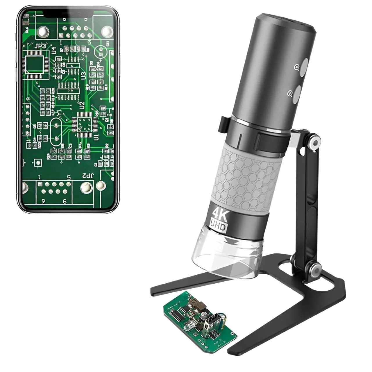 Jiusion 4K 50-1000x WiFi USB Digital Handheld Microscope with Metal Stand | 4K HD, Wireless & Wired, 8 LED Lights, Compatible with Windows, Mac, Android, iPhone — Grey