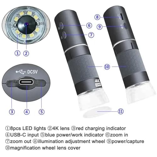 Jiusion 4K 50-1000x WiFi USB Digital Handheld Microscope with Metal Stand | 4K HD, Wireless & Wired, 8 LED Lights, Compatible with Windows, Mac, Android, iPhone thumbnail 5