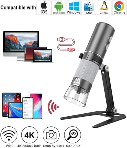 Jiusion 4K 50-1000x WiFi USB Digital Handheld Microscope with Metal Stand | 4K HD, Wireless & Wired, 8 LED Lights, Compatible with Windows, Mac, Android, iPhone thumbnail 2