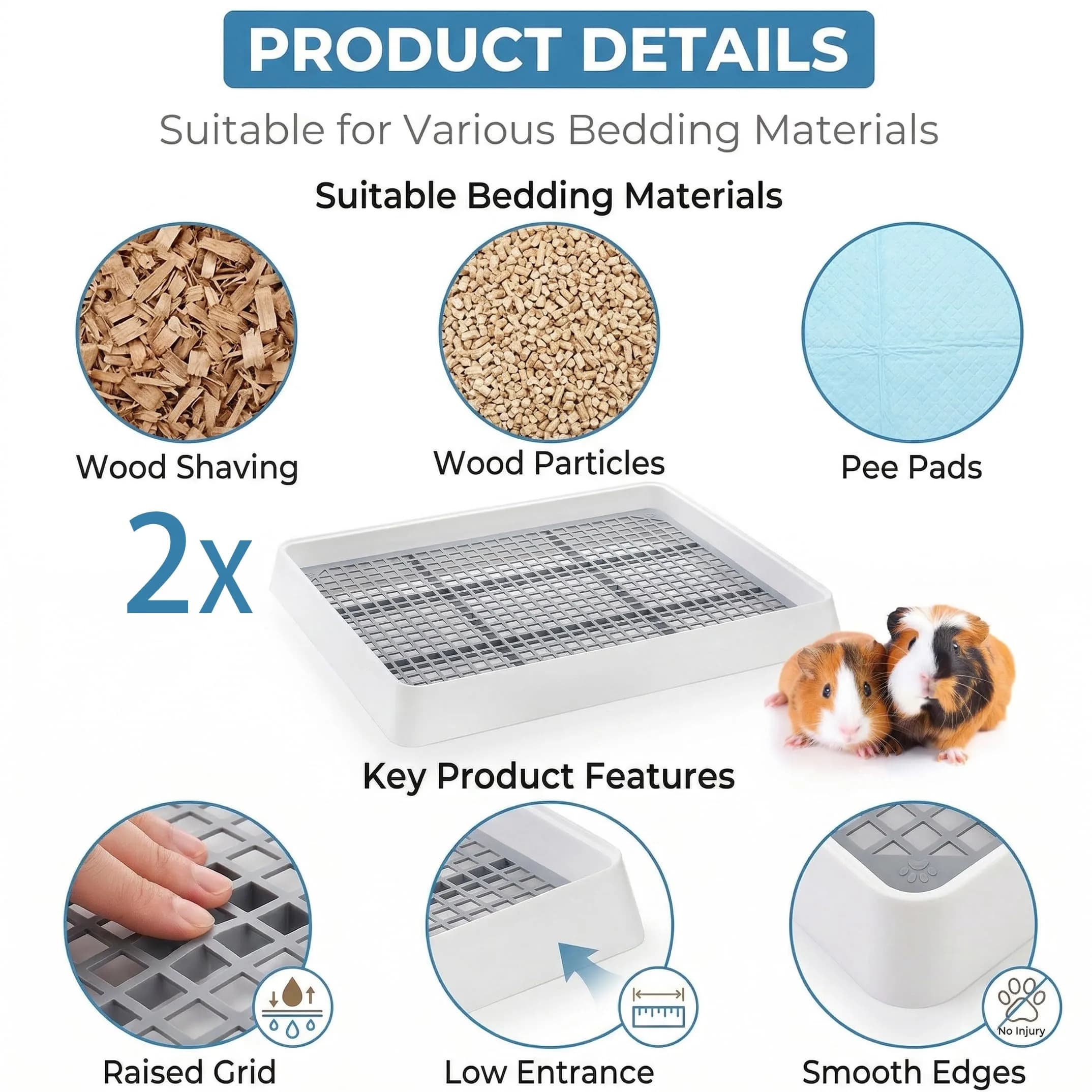 WUWEOT 2 Pack Large Rabbit Litter Box 37cm (14.5"L x 11.7"W x 2.6"H) | Shallow Bunny Restroom with Grate - view 5