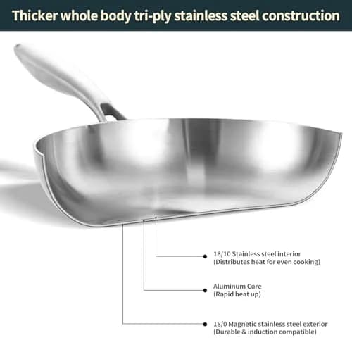 DELARLO Tri-ply Stainless Steel Frying Pan with Lid 8 Inch | Oven Safe, Induction Compatible, Heavy Duty thumbnail 2