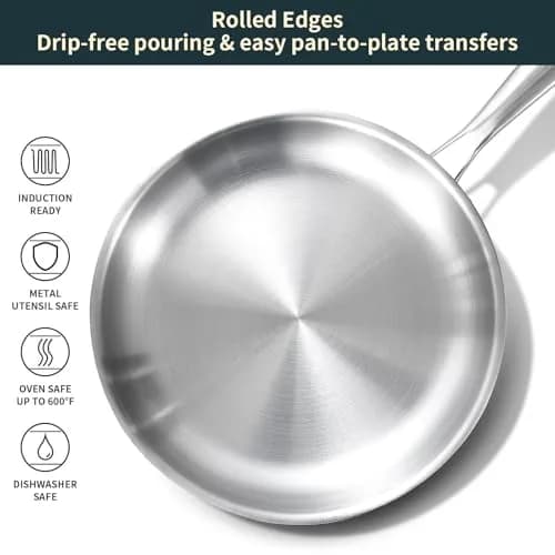 DELARLO Tri-ply Stainless Steel Frying Pan with Lid 8 Inch | Oven Safe, Induction Compatible, Heavy Duty thumbnail 4