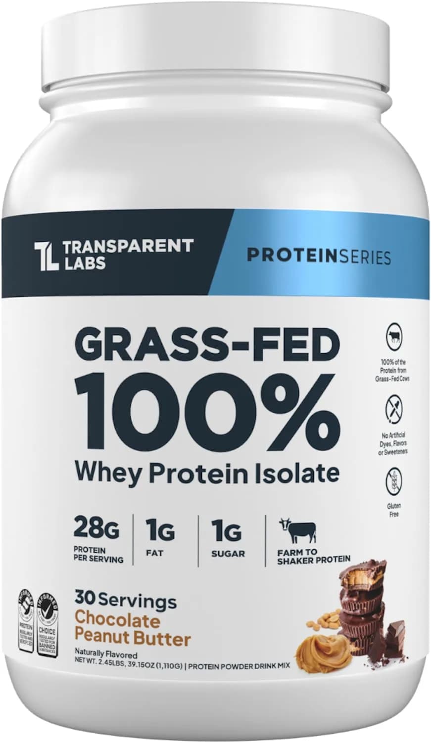 Transparent Labs Whey Protein Isolate Chocolate Peanut Butter 1110g (39.15 oz) | 28g Protein Per Serving, Grass-Fed, Gluten-Free — Chocolate Peanut Butter
