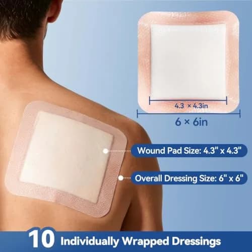 Dimora Silicone Super Absorbent Wound Dressings 6"x 6" (15cm x 15cm) | Gentle Adhesive Bandages with Ultrasorb Polymer for Heavy Exudate Wound Care (10 Packs) thumbnail 2