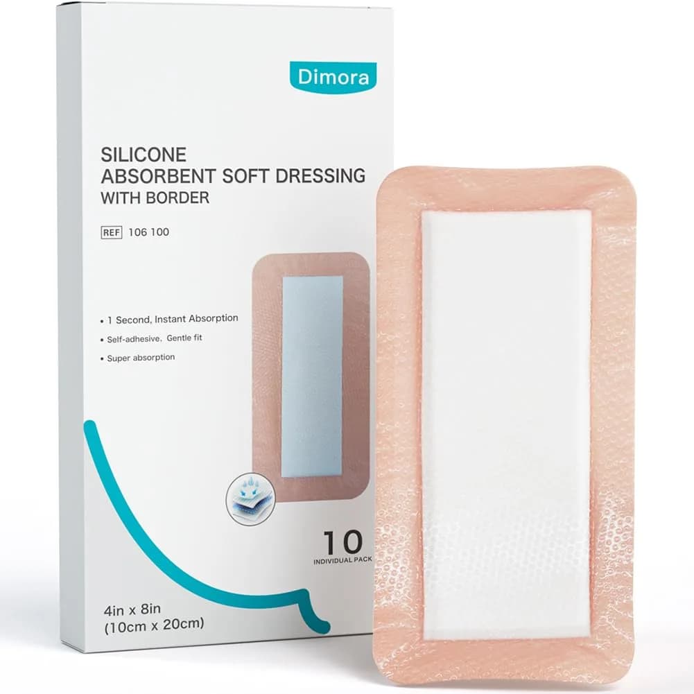 Dimora Silicone Ultra Absorbent Dressing Pads 4"x 8" (10 Count) | Gentle Border, Waterproof Soft Gauze for Post Surgical Wound Management - main product image