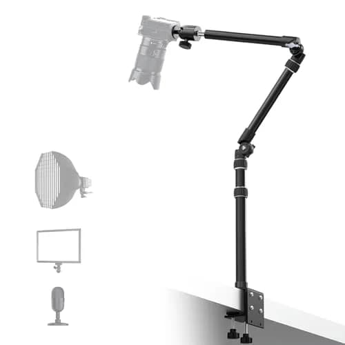 RAUBAY Camera Desk Mount, Magic Arm with C Clamp, 1/4" | Stable Overhead Camera Holder for DSLR & Webcam thumbnail 1