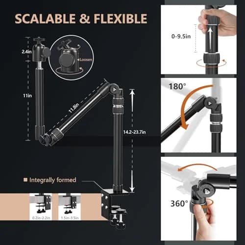 RAUBAY Camera Desk Mount, Magic Arm with C Clamp, 1/4" | Stable Overhead Camera Holder for DSLR & Webcam thumbnail 2