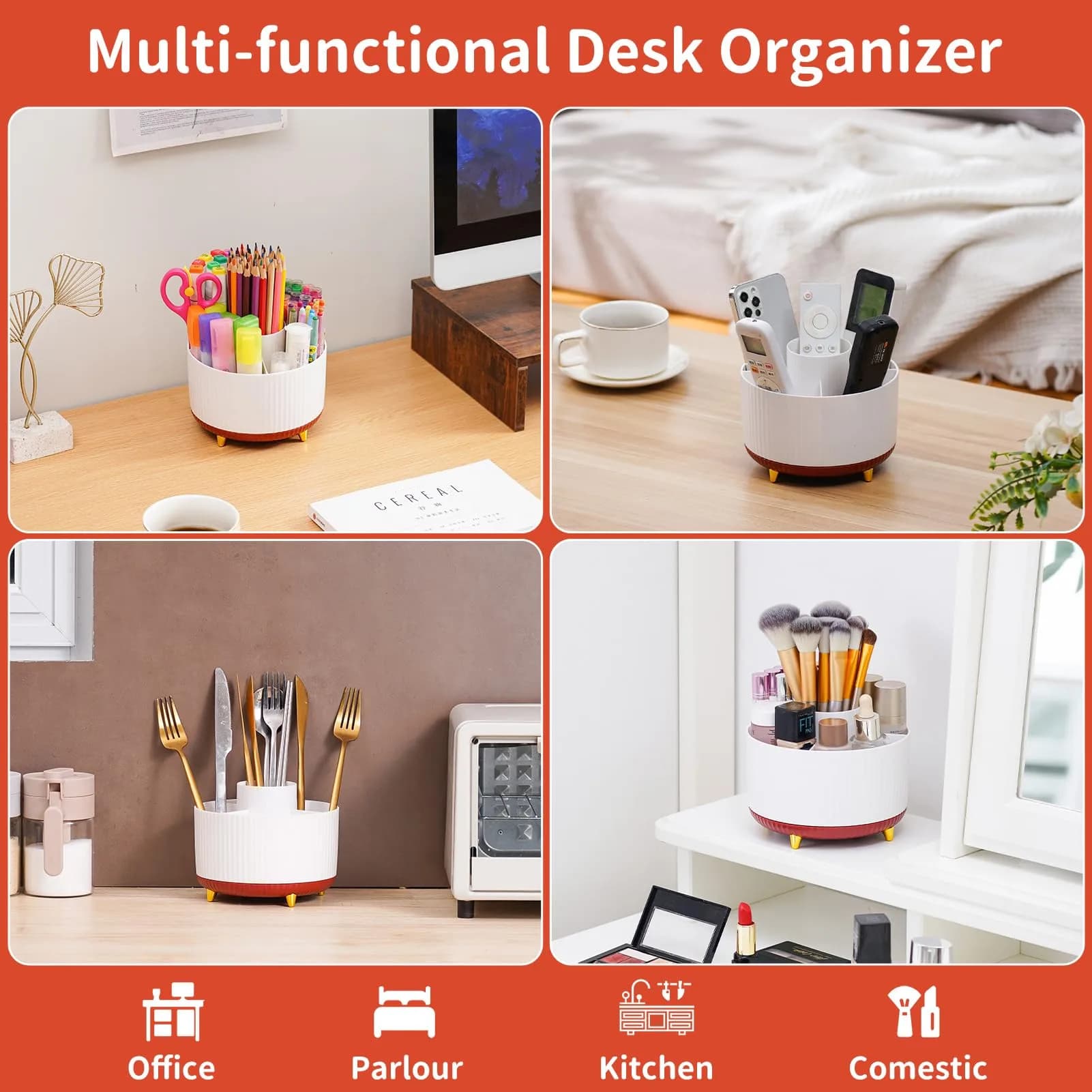 Marbrasse Rotating Desk Organizer with 5 Compartments, White+Red | Smooth 360° Spin for Office & Home - view 2