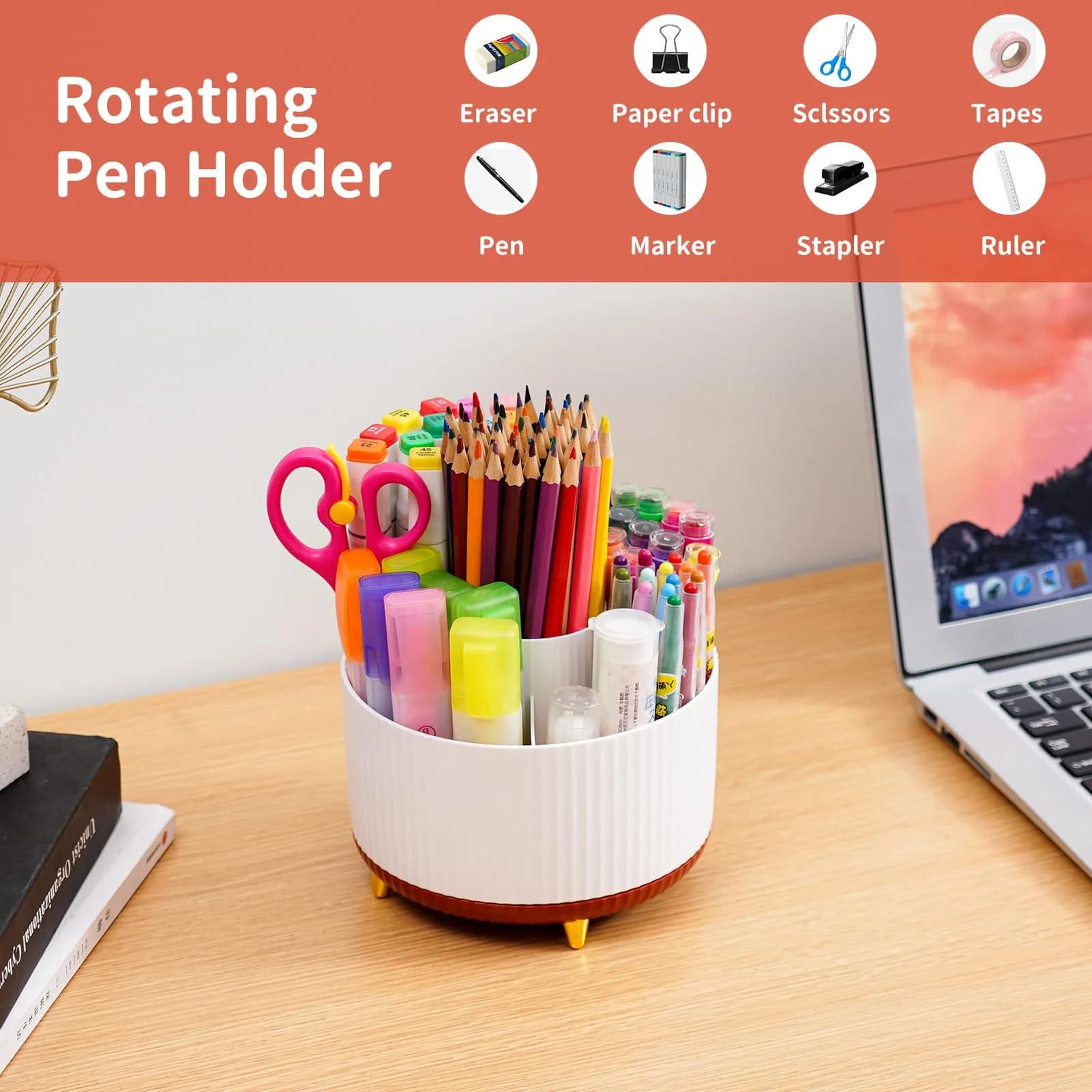 Marbrasse Rotating Desk Organizer with 5 Compartments, White+Red | Smooth 360° Spin for Office & Home - view 3