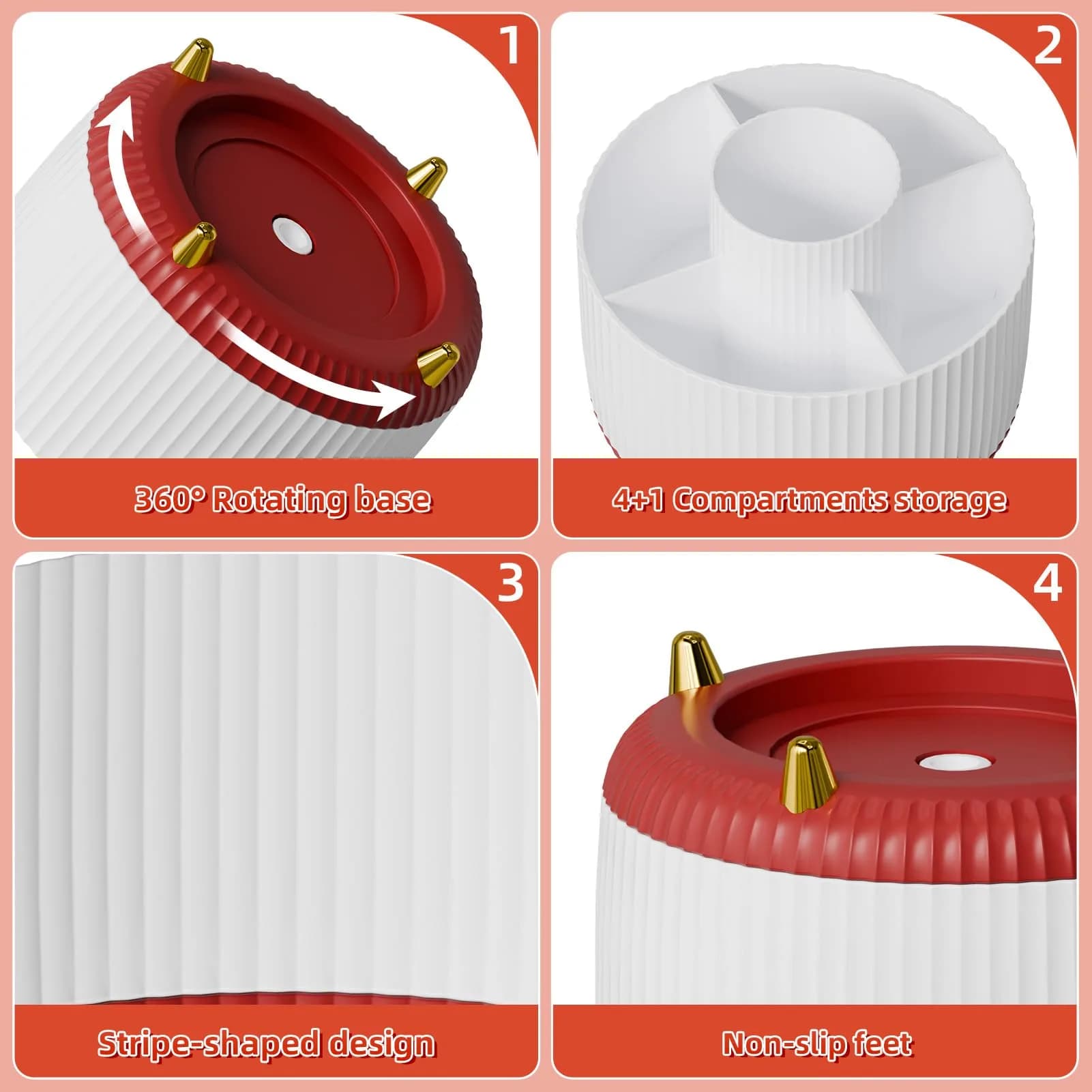 Marbrasse Rotating Desk Organizer with 5 Compartments, White+Red | Smooth 360° Spin for Office & Home - view 4