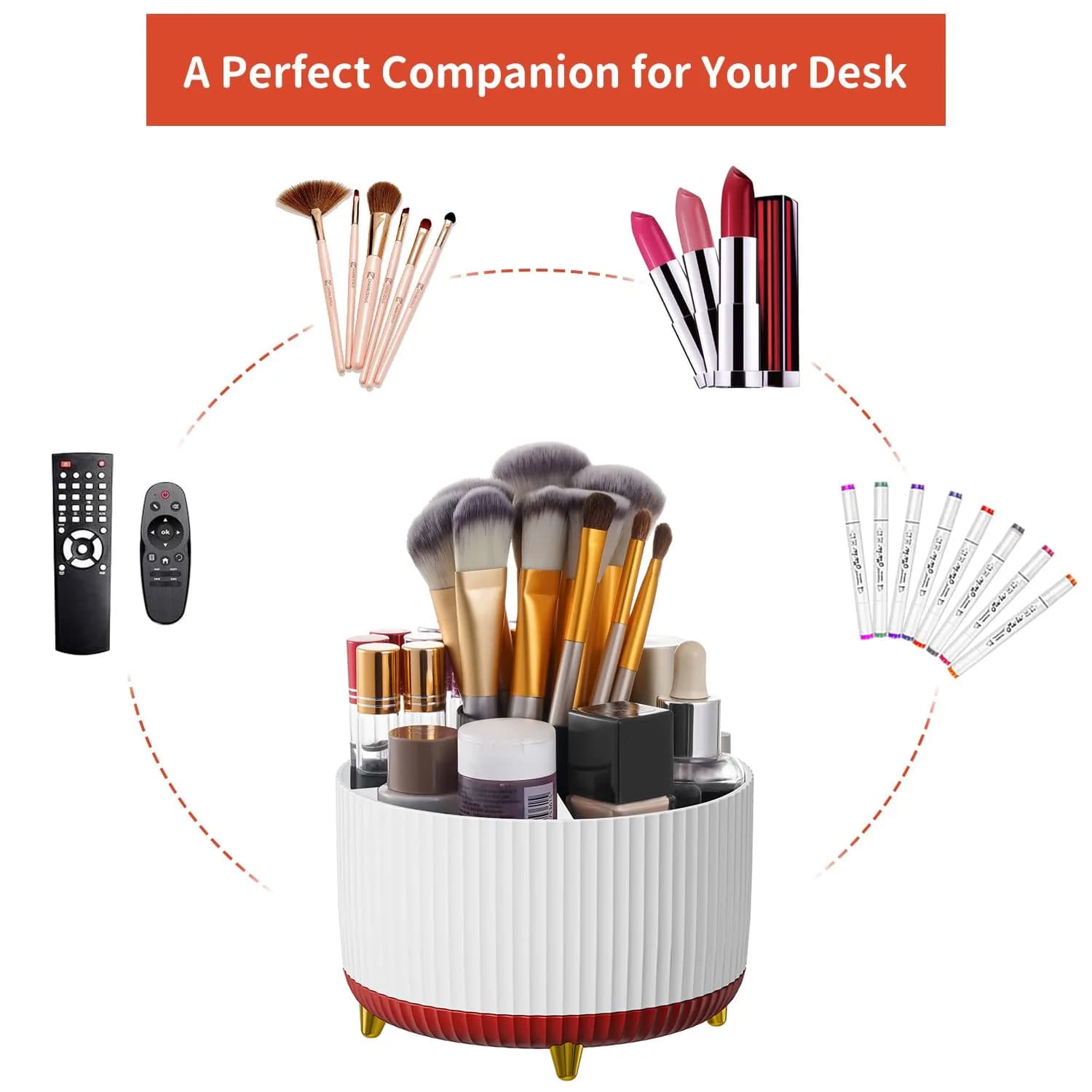 Marbrasse Rotating Desk Organizer with 5 Compartments, White+Red | Smooth 360° Spin for Office & Home - view 6