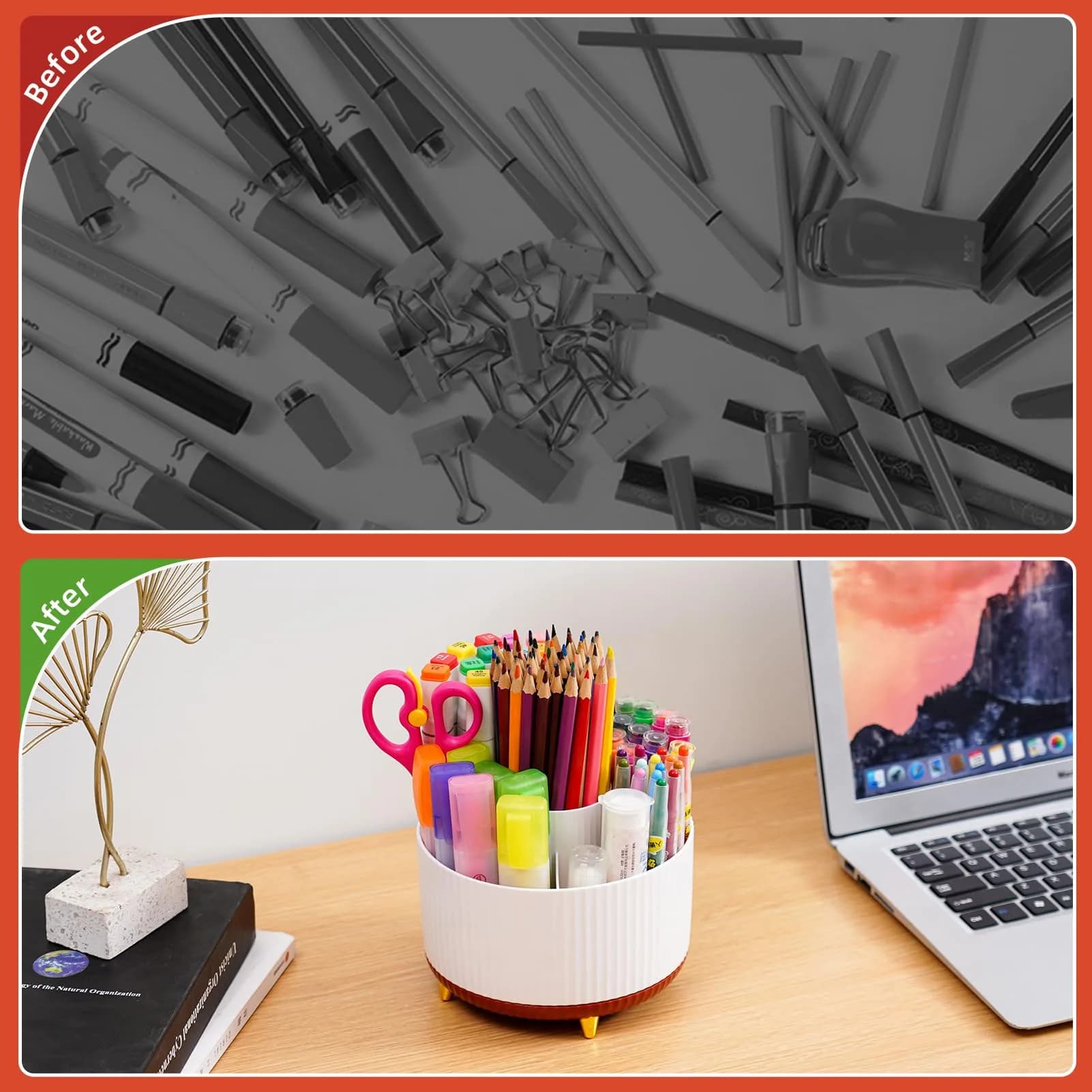 Marbrasse Rotating Desk Organizer with 5 Compartments, White+Red | Smooth 360° Spin for Office & Home - view 7