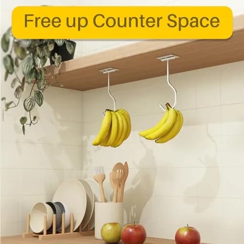 bussdis 2-Pack Self Adhesive Banana Hook, Metal Banana Hanger Hook, Under Cabinet Hook for Kitchen Items, Foldable Banana Hook, Silver thumbnail 4