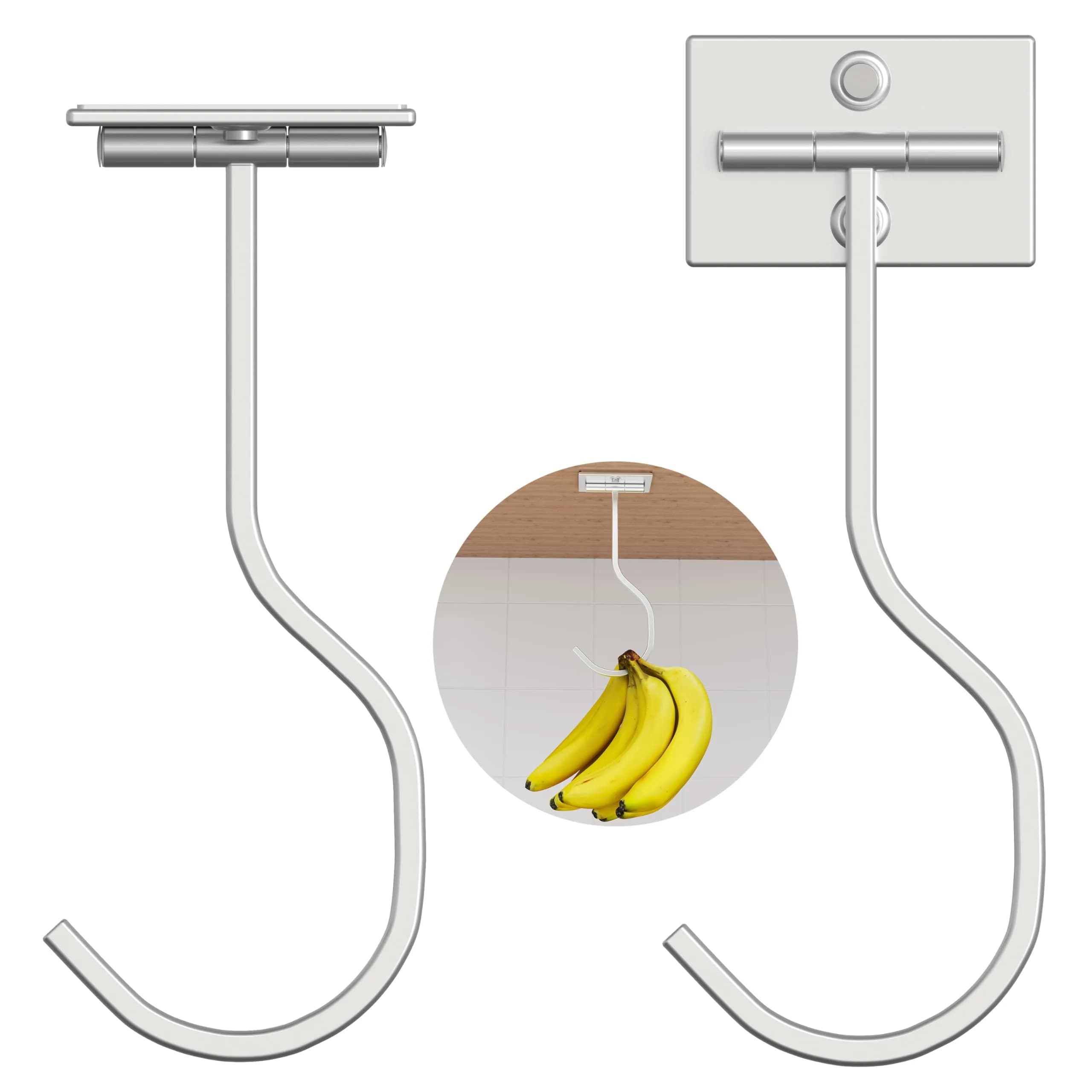 bussdis Foldable Banana Hook Gold | Space-Saving Under Cabinet Holder for Kitchen & RV (2-Pack) — Silver