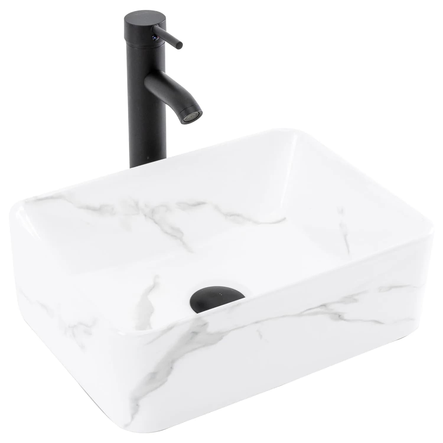 KGAR 16" x 12" x 5" Rectangular Porcelain Ceramic Vessel Sink with Faucet and Drain | White Marble Pattern Above Counter - main product image