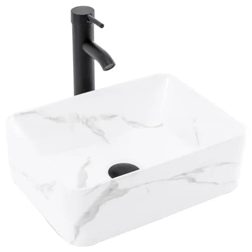 KGAR 16" x 12" x 5" Rectangular Porcelain Ceramic Vessel Sink with Faucet and Drain | White Marble Pattern Above Counter thumbnail 1