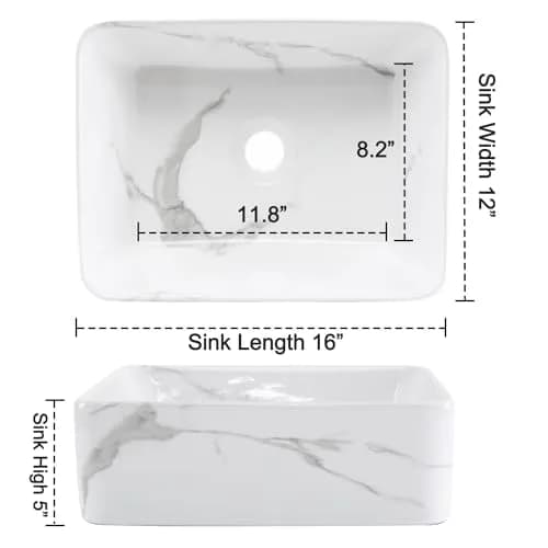 KGAR 16" x 12" x 5" Rectangular Porcelain Ceramic Vessel Sink with Faucet and Drain | White Marble Pattern Above Counter thumbnail 4