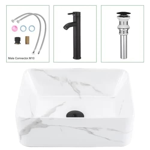 KGAR 16" x 12" x 5" Rectangular Porcelain Ceramic Vessel Sink with Faucet and Drain | White Marble Pattern Above Counter thumbnail 5