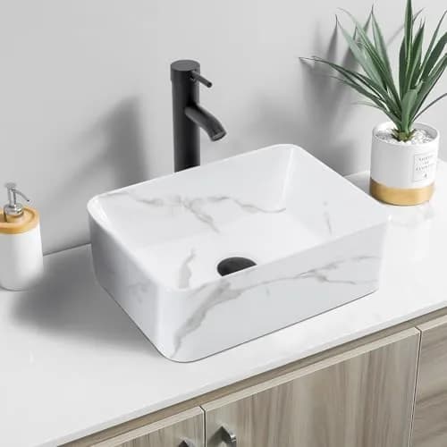 KGAR 16" x 12" x 5" Rectangular Porcelain Ceramic Vessel Sink with Faucet and Drain | White Marble Pattern Above Counter thumbnail 8
