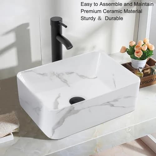 KGAR 16" x 12" x 5" Rectangular Porcelain Ceramic Vessel Sink with Faucet and Drain | White Marble Pattern Above Counter thumbnail 2