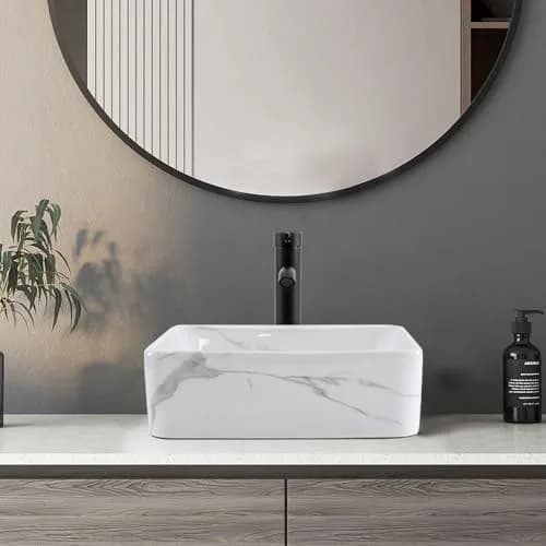 KGAR 16" x 12" x 5" Rectangular Porcelain Ceramic Vessel Sink with Faucet and Drain | White Marble Pattern Above Counter thumbnail 3