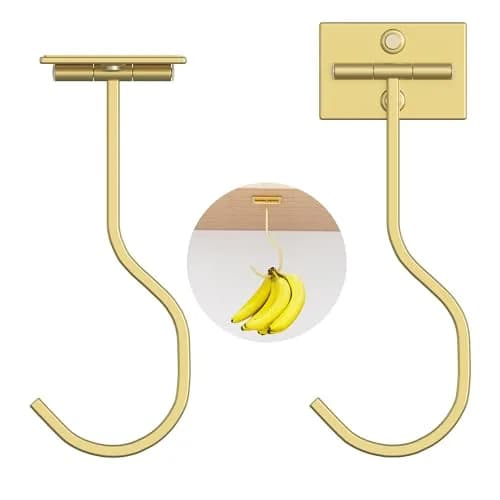 bussdis Foldable Banana Hook Gold | Space-Saving Under Cabinet Holder for Kitchen & RV (2-Pack) thumbnail 9