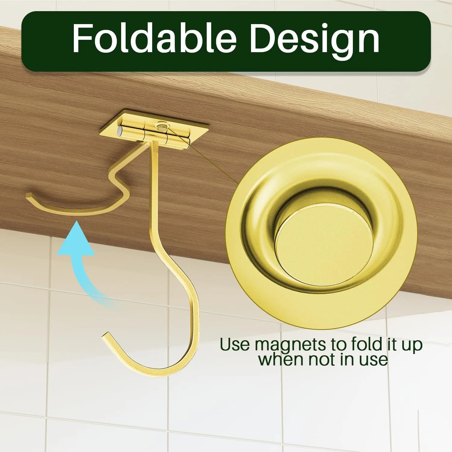 bussdis Foldable Banana Hook Gold | Space-Saving Under Cabinet Holder for Kitchen & RV (2-Pack) - view 2