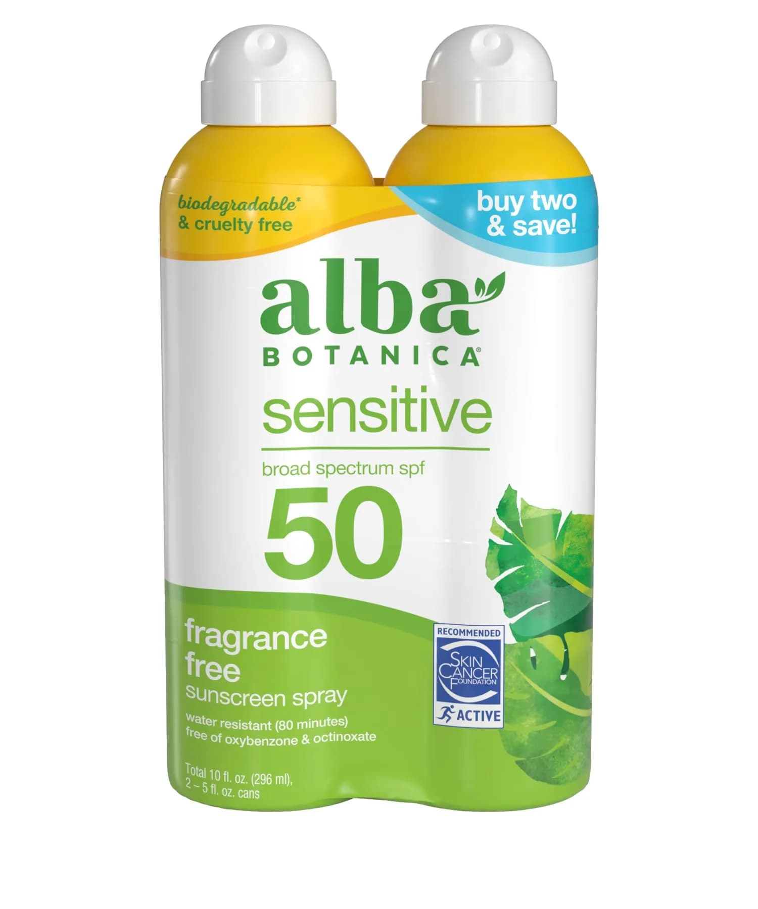 Alba Botanica Sensitive Sunscreen Spray SPF 50, 296ml (10 Fl Oz) | Broad Spectrum UVA/UVB Protection - main product image
