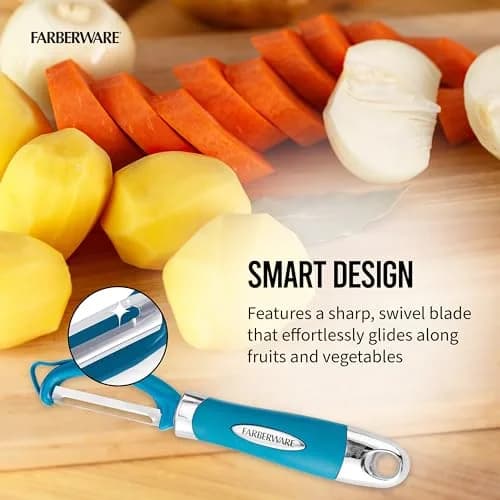 Farberware Pro2 Euro Vegetable Peeler with Ergonomic Handle, Razor-Sharp Stainless Steel Swivel Blade, Dishwasher Safe Kitchen Peeler for Potatoes, Fruits, Veggies - Dark Teal | Peeler Blade thumbnail 4